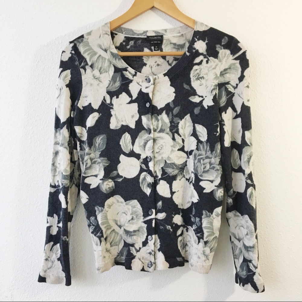 Talbots Floral Charming Cardigan Merino Wool Gray